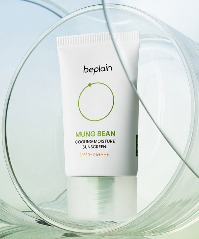 BEPLAIN Green Bean Cooling Moisture Sun Cream 50ml SPF50+ in a clear glass setting