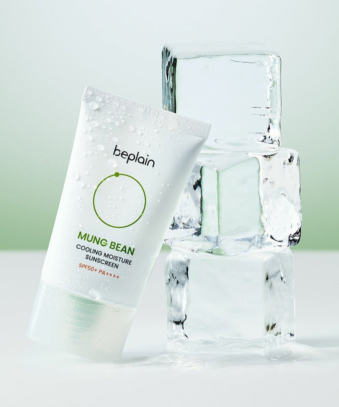 BEPLAIN Green Bean Cooling Moisture Sun Cream 50ml beside ice cubes on a green background