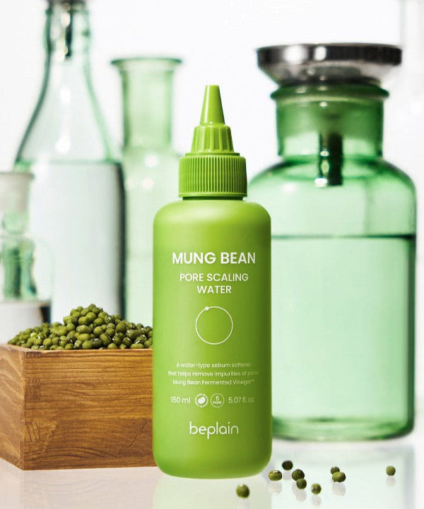 BEPLAIN Green Bean Pore Scaling Water 150ml bottle with green beans and bottles in background