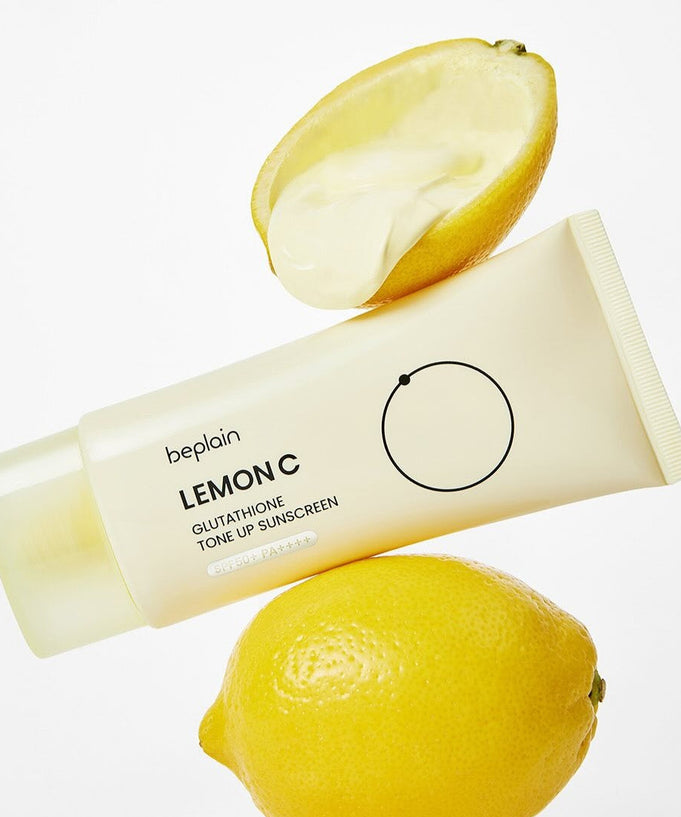 BEPLAIN Lemon Seed Glutathione Tone-up Sun Cream 50ml with fresh lemon on white background