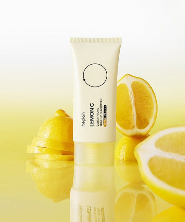BEPLAIN Lemon Seed Glutathione Tone-up Sun Cream 50ml with lemons in background