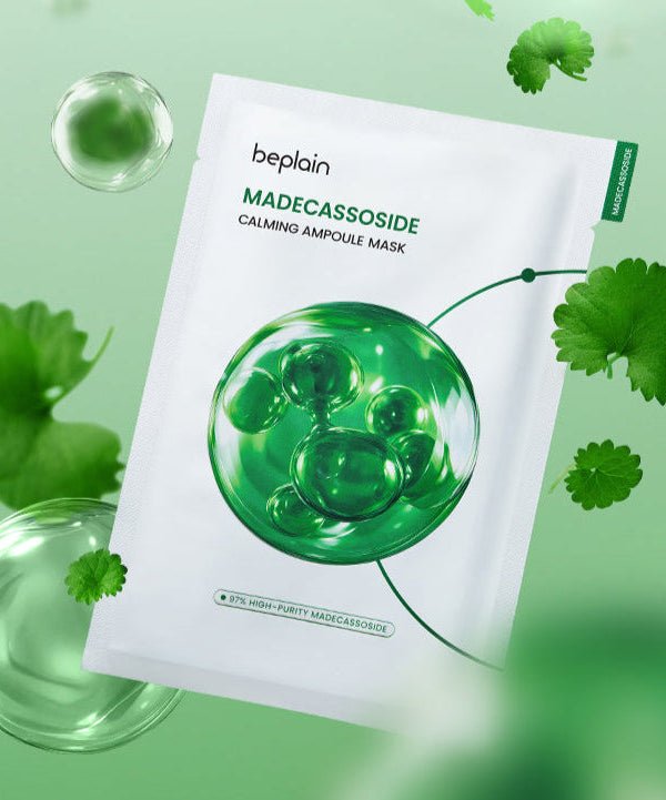 BEPLAIN Madecassoside Calming Ampoule Mask 5 Sheets packaging with green botanical design and calming ingredients.
