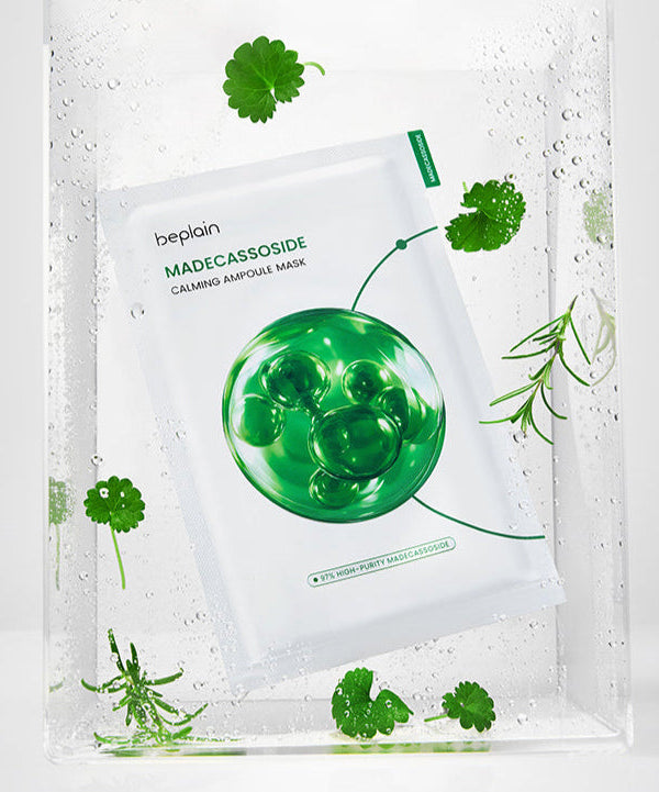 BEPLAIN Madecassoside Calming Ampoule Mask 5 Sheets with green herbal design showcasing soothing and hydrating benefits.