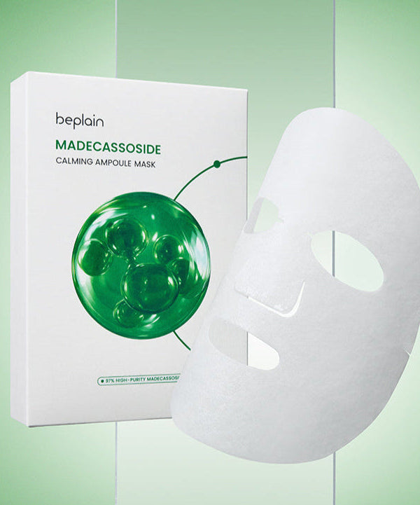 BEPLAIN Madecassoside Calming Ampoule Mask 5 Sheets packaging and sheet mask on green background