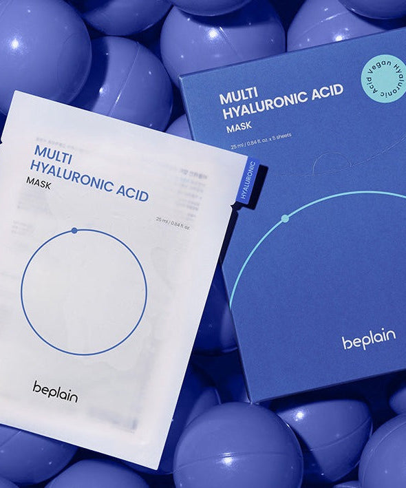 BEPLAIN Multi Hyaluronic Acid Mask packaging on purple background.