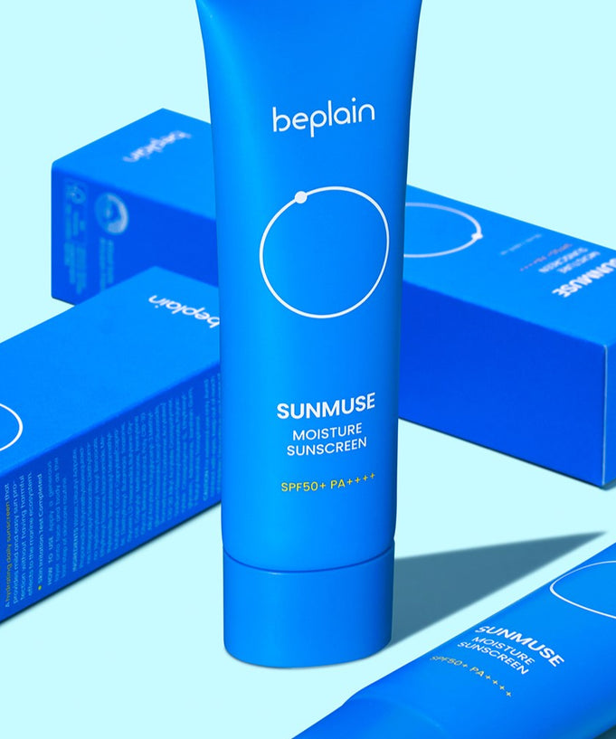 BEPLAIN Sunmuse Moisture Sunscreen SPF50+ PA++++ 50ml with blue packaging and tube.