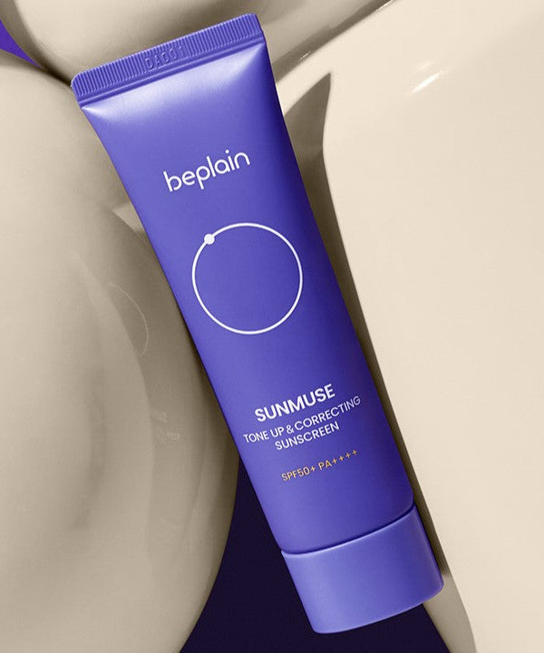 BEPLAIN Sunmuse Tone Up and Correcting Sunscreen SPF50+ PA++++ 50ml tube on abstract background