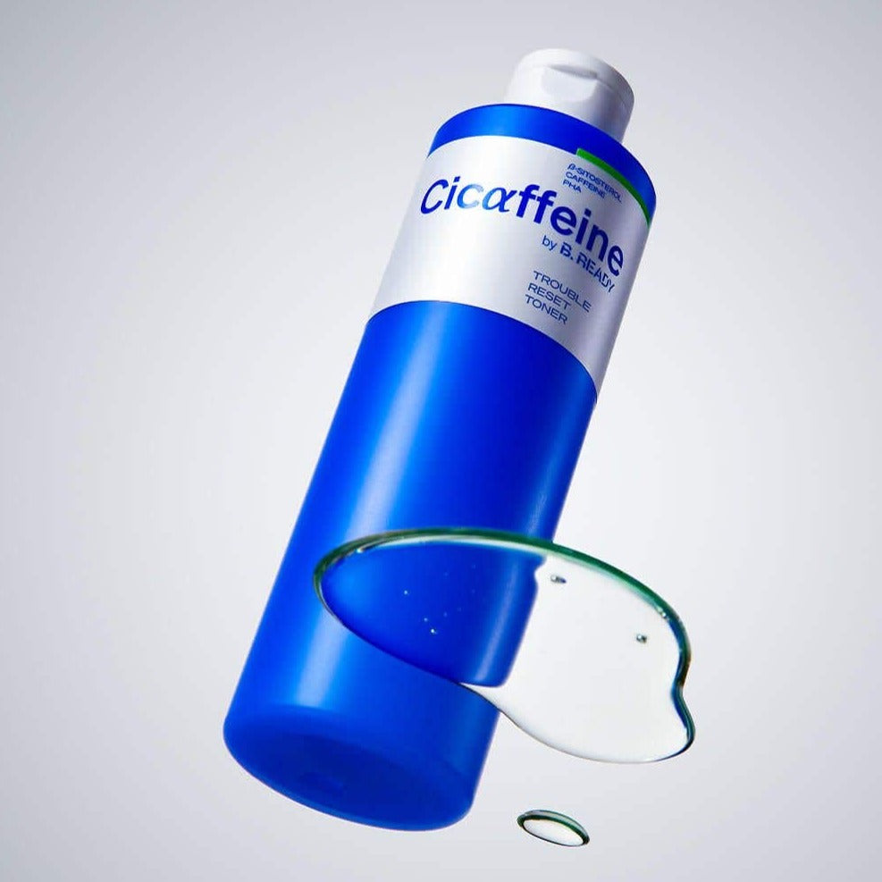 BE.READY Cicaffeine Trouble Reset Toner 250ml blue bottle with droplet, Gentleman Korea Korean skincare for men