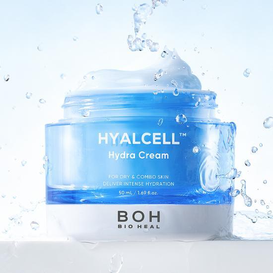 BIO HEAL BOH Hyalcell Hydra Cream 50ml in blue jar against splash background for intense hydration.