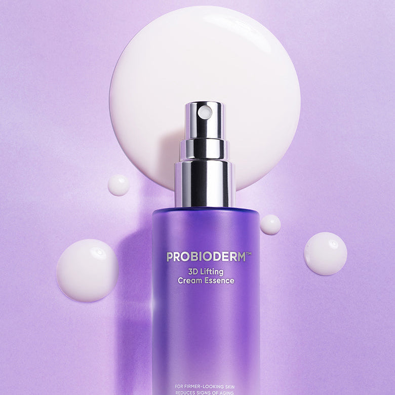 BIO HEAL BOH Probioderm 3D Lifting Cream Essence 100mL bottle on lavender background with cream droplets