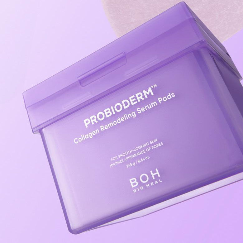 BIO HEAL BOH Probioderm Collagen Remodeling Serum Pad 70 sheets in purple packaging on a lavender background.