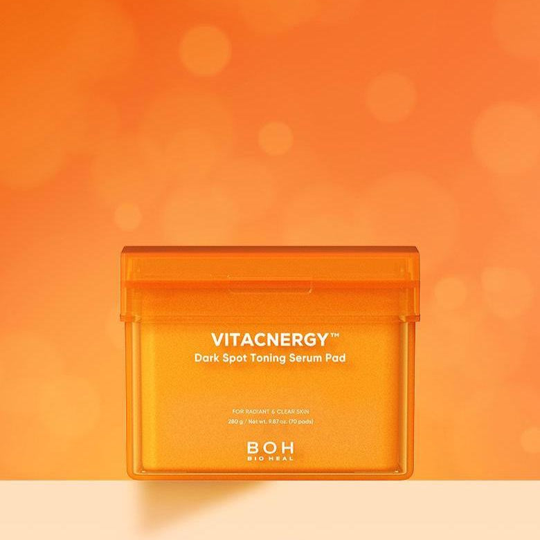 BIO HEAL BOH Vita Synergy Spot Toning Serum Pad 70 sheets in orange packaging against orange background