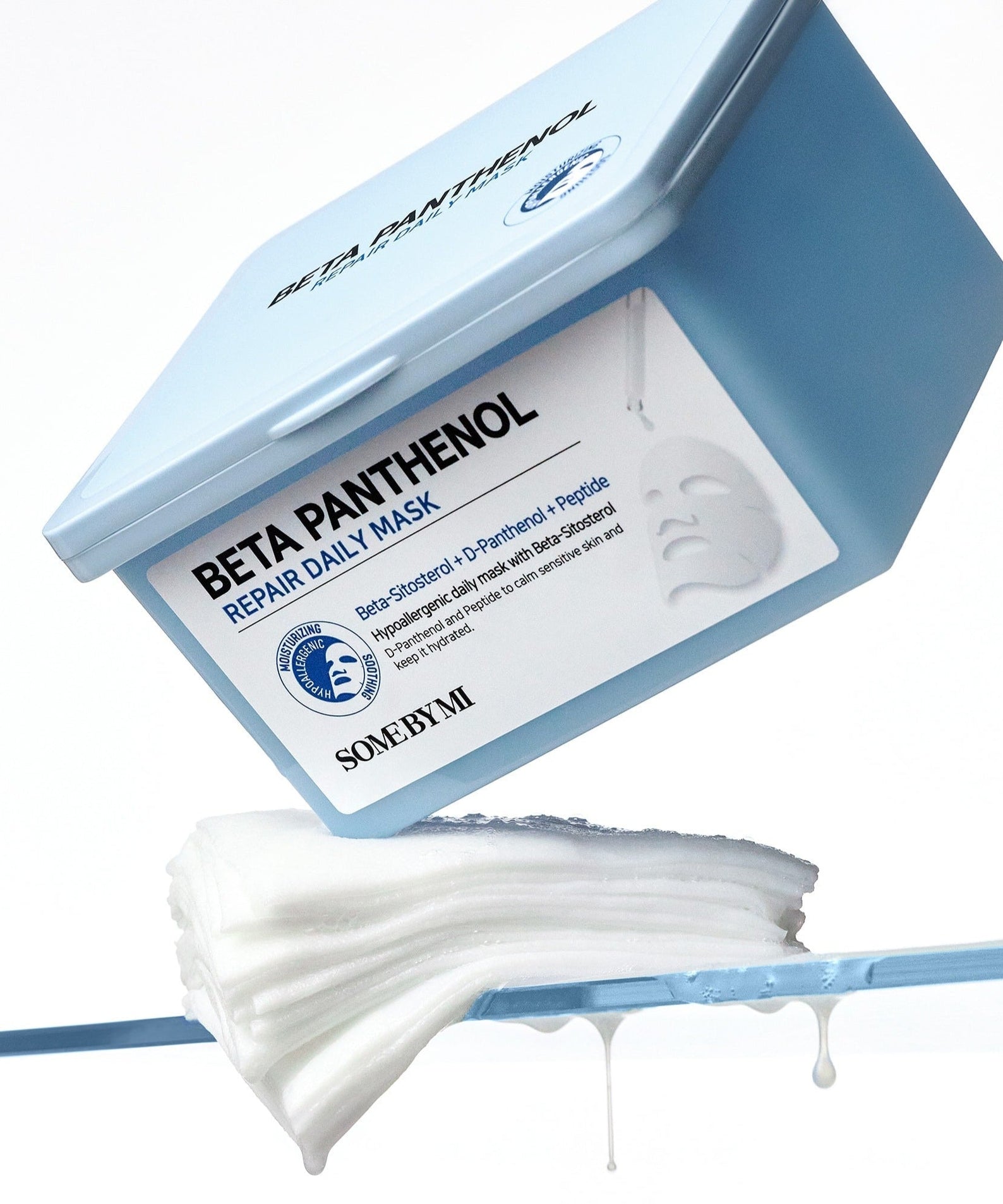 SOME BY MI Beta Panthenol Repair Daily Mask 30ea showcasing mask texture and packaging with drips highlighting moisture benefits.