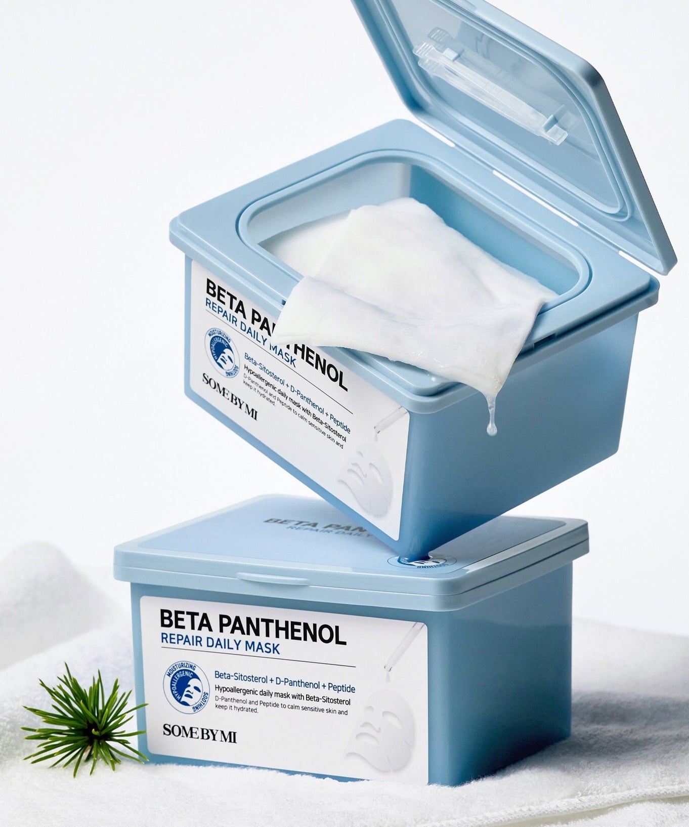 SOME BY MI Beta Panthenol Repair Daily Mask 30ea packaging with open box showing sheet mask and plant accent.