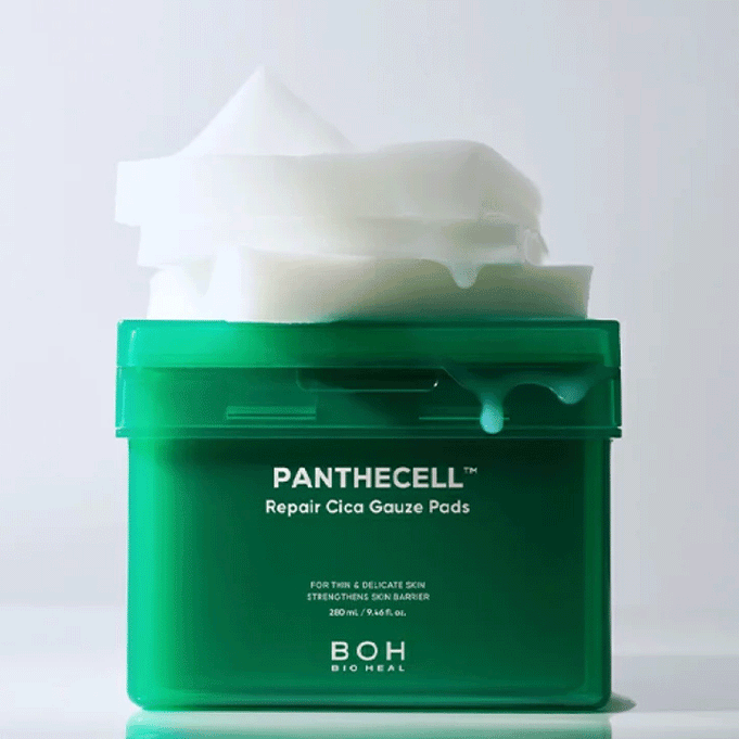 BIO HEAL BOH Panthecell Repair Cica Gauze 80p 280ml in green container with gauze pads, for skin repair and protection.