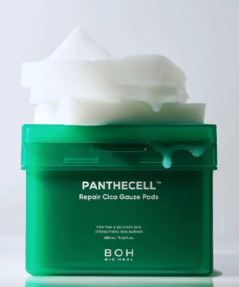 BIO HEAL BOH Panthecell Repair Cica Gauze 80p 280ml in green container with gauze pads, for skin repair and protection.