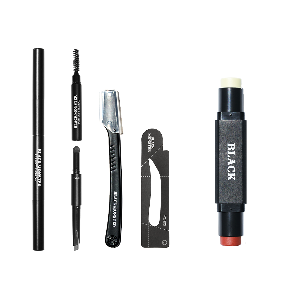 BLACK MONSTER Solo Escape Item men's grooming kit by Gentleman Korea — eyebrow pencil, brush, razor, tweezer and dual balm stick
