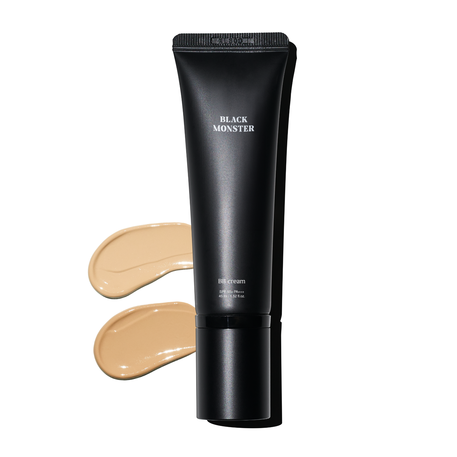 BLACK MONSTER Monster BB Cream 45ml tube with two foundation swatches on white background, Gentleman Korea men’s skincare product