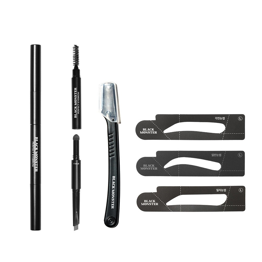 BLACK MONSTER Perfect Eyebrow Kit by Gentleman Korea – men's eyebrow kit with pencil, spoolie, razor and stencils for grooming