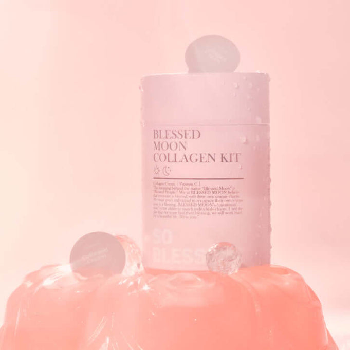 BLESSED MOON Collagen Kit on display with pink background and water droplets