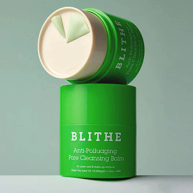 BLITHE Anti-Polluaging Pore Cleansing Balm in green container on teal background