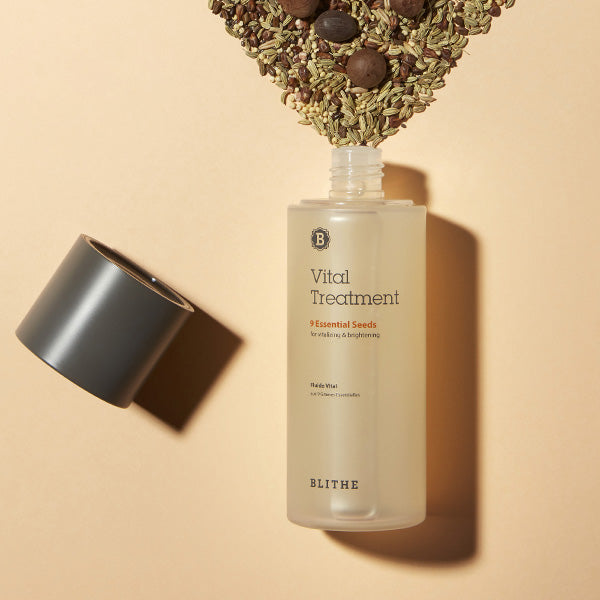 BLITHE Vital Treatment 9 Essential Seeds 54ml/150ml bottle with seeds for brightening and hydrating dull skin.