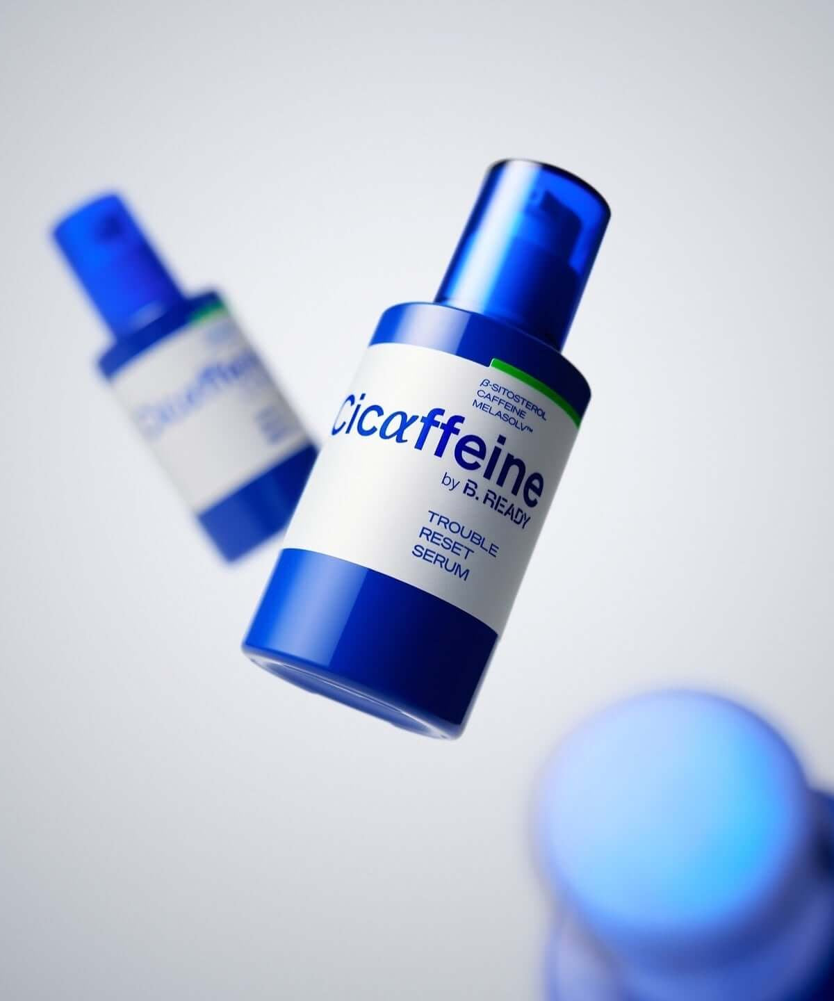 B.READY Cicaffein trouble Reset Serum 40ml bottle on display against a minimalist background