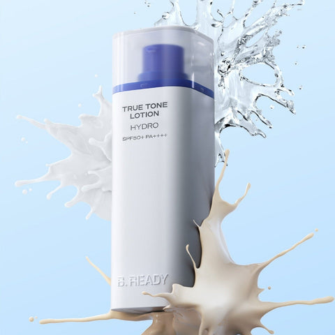 Alt Tag: B.READY True Tone Lotion 2.0 40ml — Gentleman Korea men’s hydrating tone-up lotion bottle with SPF50+ displayed against water and lotion splash background