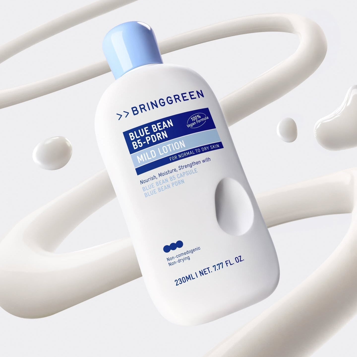 BRINGGREEN Blue Bean B5-PDRN Mild Lotion 230ml bottle with swirling white lotion background.
