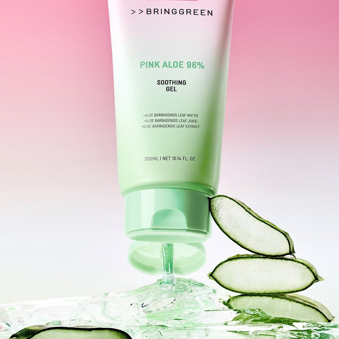 BRINGGREEN Pink Aloe 96% Soothing Gel 300ml with aloe slices and pink background