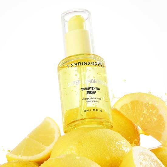 BRINGGREEN Super Lemon Glutathione Serum 50mL bottle with lemon slices, brightening skincare product