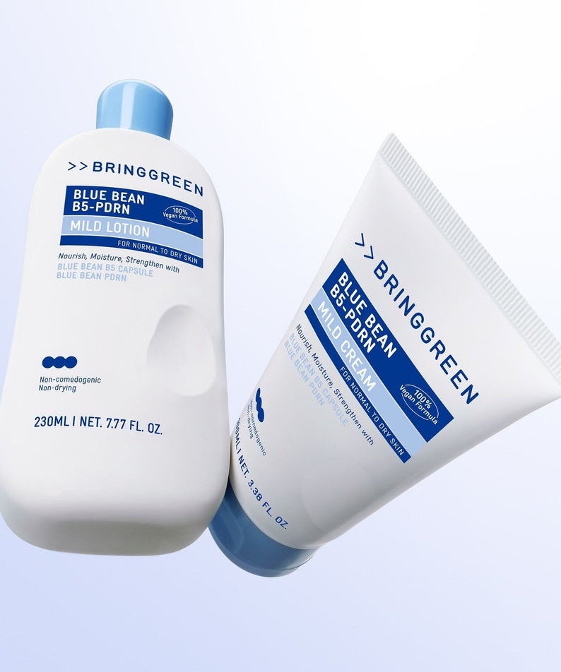 BRINGGREEN Blue Bean B5-PDRN Mild Cream 100ml and Lotion duo with blue accents on a light background