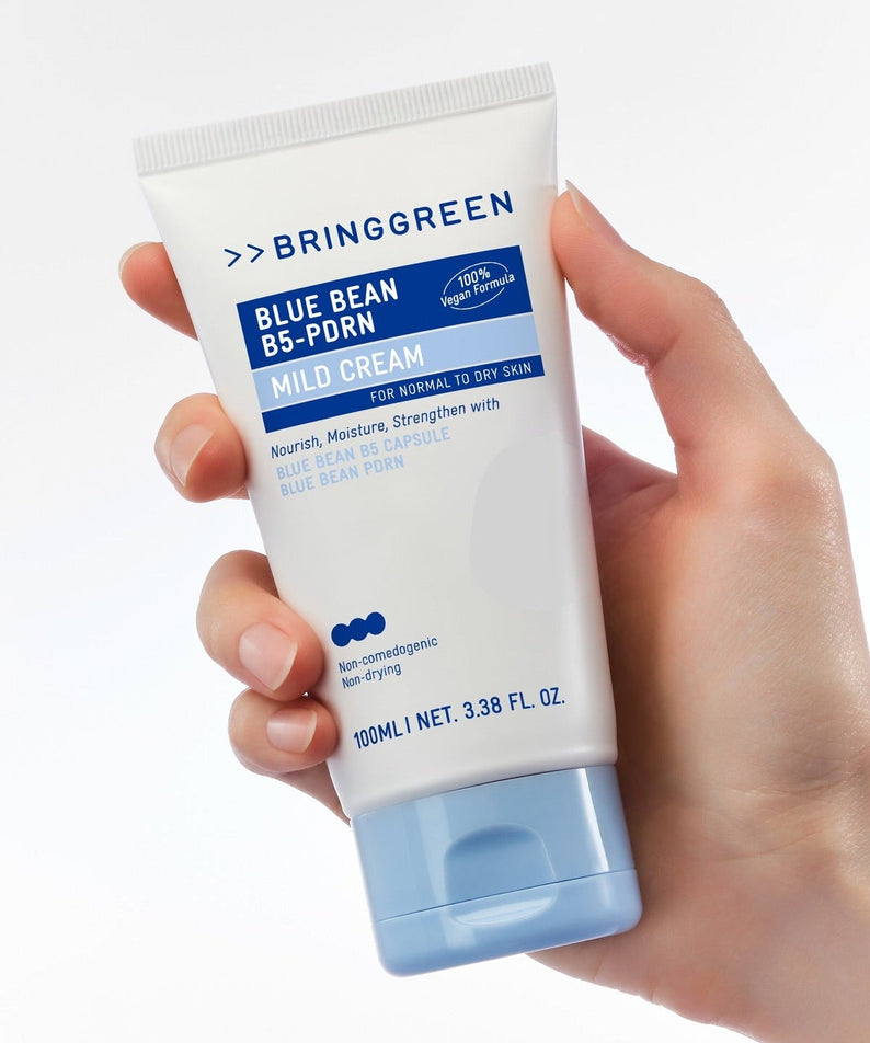 BRINGGREEN Blue Bean B5-PDRN Mild Cream 100ml in hand showing product packaging and size