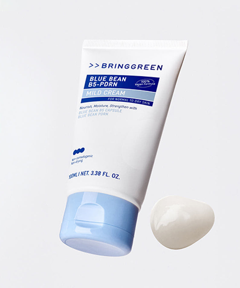 BRINGGREEN Blue Bean B5-PDRN Mild Cream 100ml tube with cream swatch on light background.