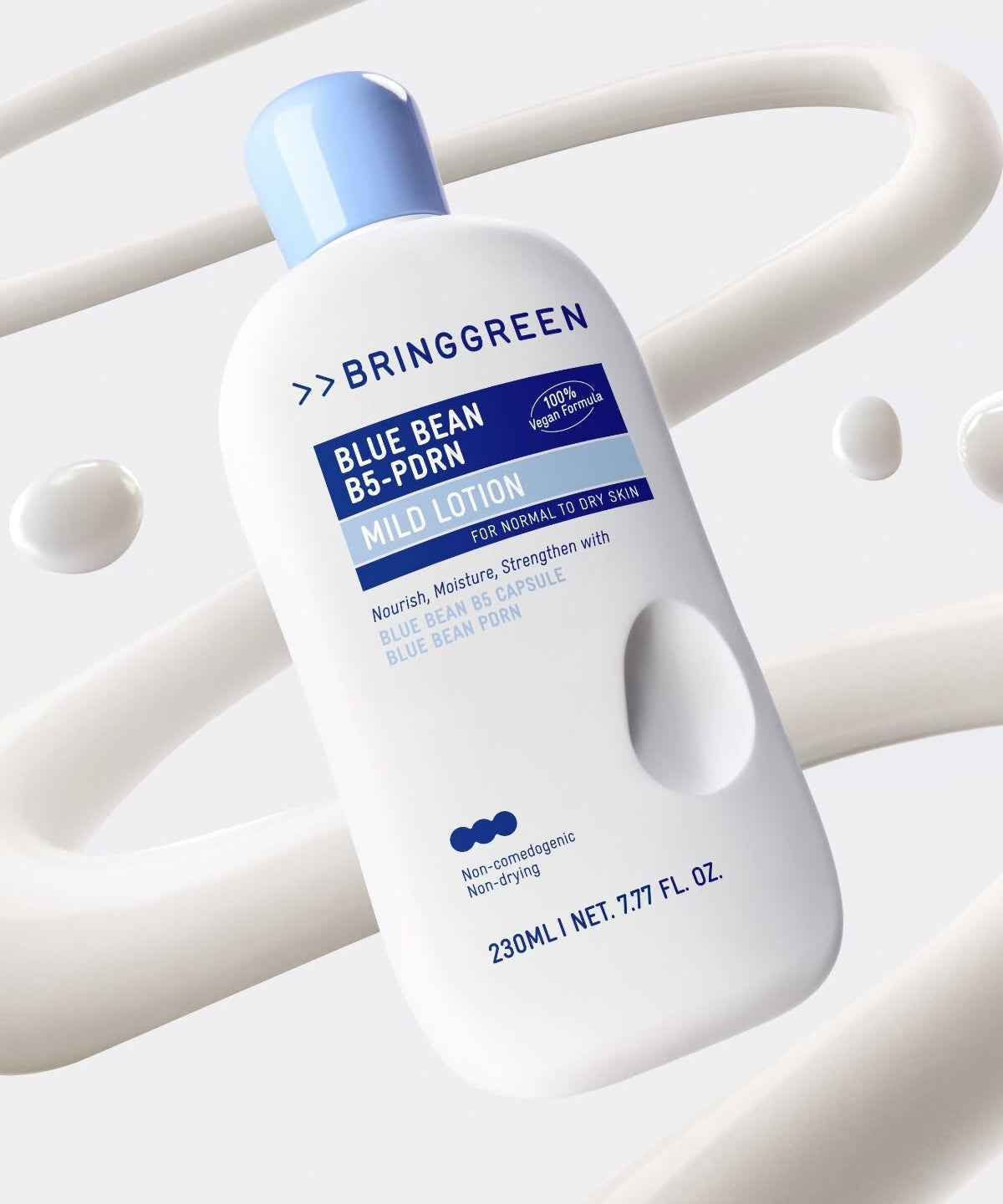 BRINGGREEN Blue Bean B5-PDRN Mild Lotion 230ml bottle with swirling white lotion background.