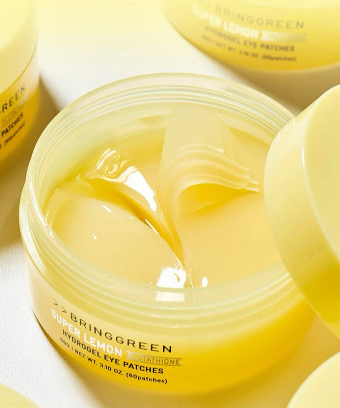 BRINGGREEN Super Lemon Glutathione Hydrogel Eye Patch 60 Sheets in open container, showcasing the product's texture.