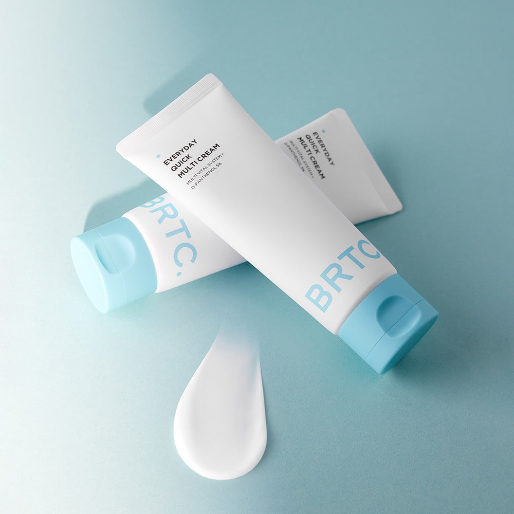 BRTC Everyday Quick Multi Cream 60ml tube on a blue background, showcasing versatile skincare, hydration, and quick application.