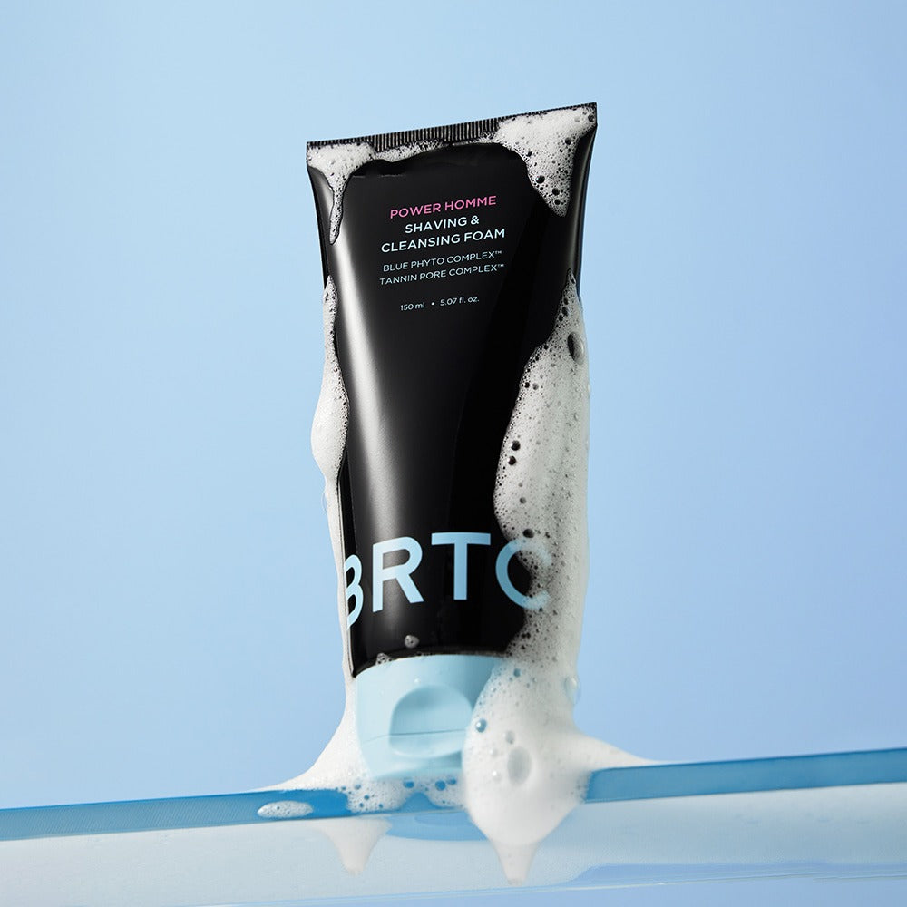BRTC Power Homme Shaving & Cleanser Foam 150ml by Gentleman Korea – black tube with foam on blue background