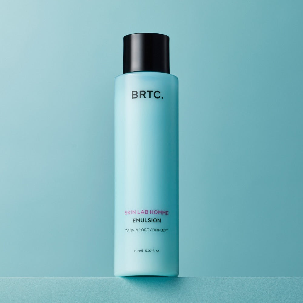 BRTC Skin Lab Homme Series Emulsion 150ml bottle on teal background - Gentleman Korea men’s skincare product