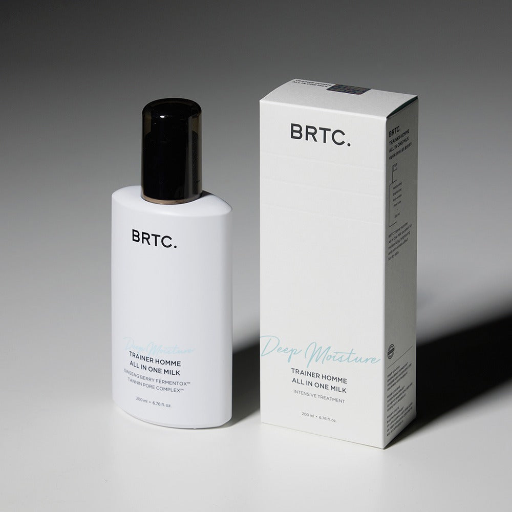 BRTC Trainer Homme ALl-in-One Milk 200ml white bottle and box product shot by Gentleman Korea for men’s skincare