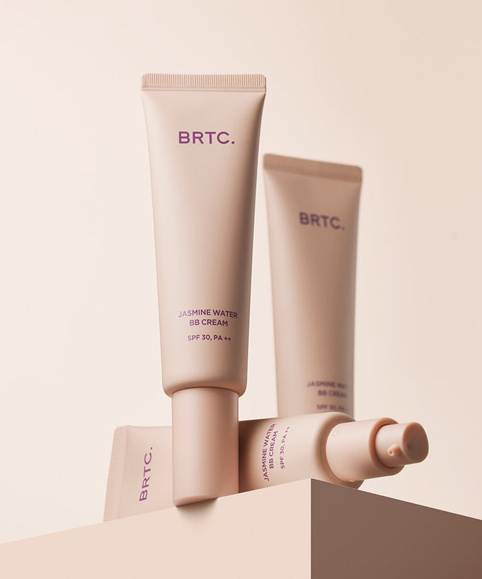 BRTC Jasmine Water BB Cream 60g tubes on a pastel background