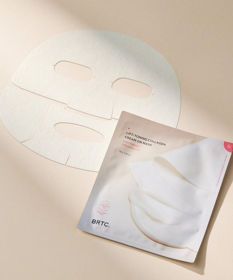 BRTC Lifting Toning Collagen Cream On Mask 5 Sheets packaging and mask sheet on display