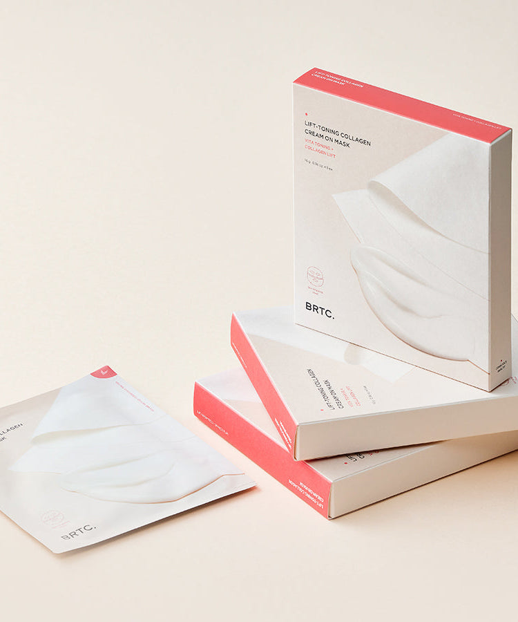 BRTC Lifting Toning Collagen Cream On Mask 5 Sheets packaging displayed on a neutral background.