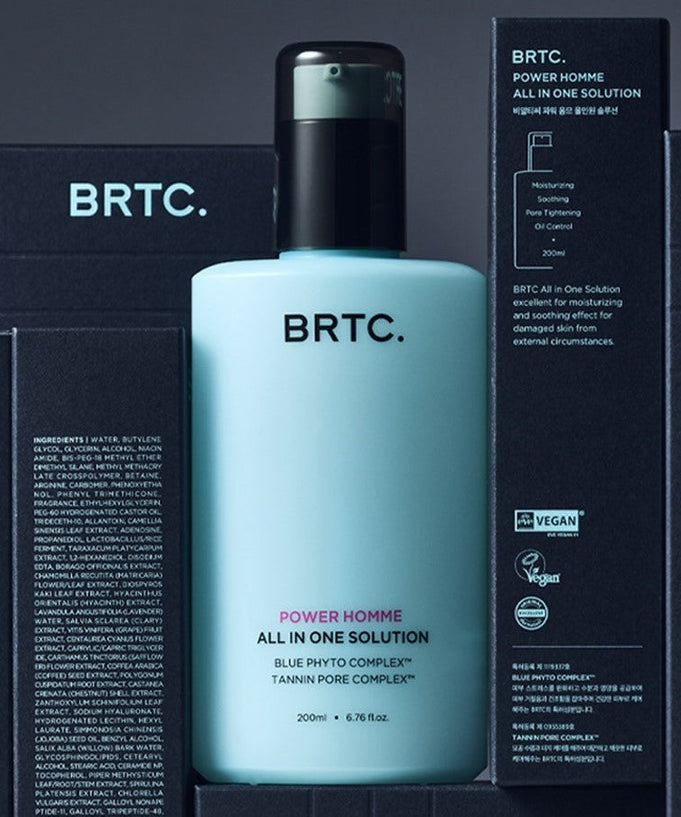 BRTC Power Homme All In One Solution 200ml bottle with packaging, featuring skincare benefits and vegan certification labels.
