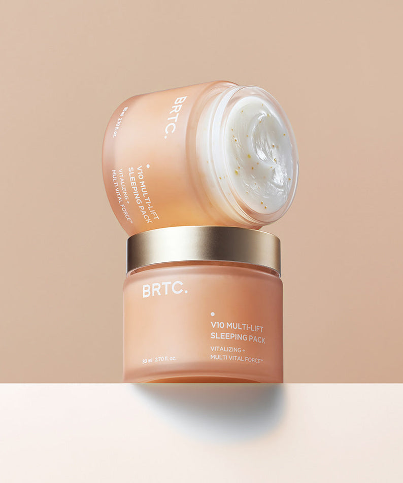BRTC V10 Multi-Lift Sleeping Pack 80ml botanical skincare product with lid open showing cream texture, ideal for night use.