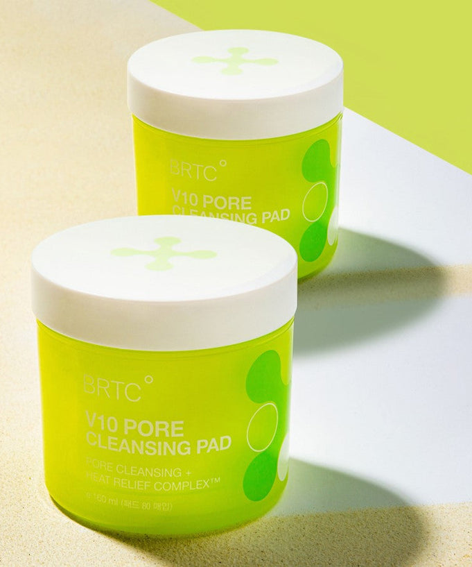 BRTC V10 Pore Cleansing Pad 80pcs 165ml in bright green container on a textured surface