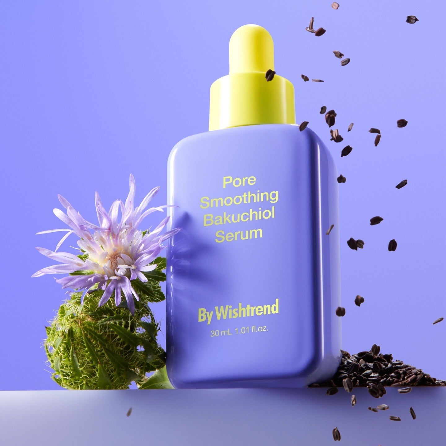 BY WISHTREND Pore Smoothing Bakuchoil Serum 30ml with natural ingredients and violet bottle design.
