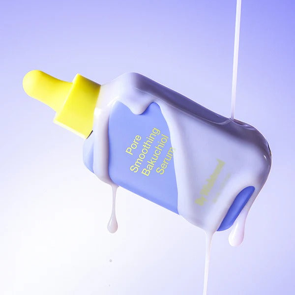 BY WISHTREND Pore Smoothing Bakuchoil Serum 30ml bottle with flowing serum on a blue background
