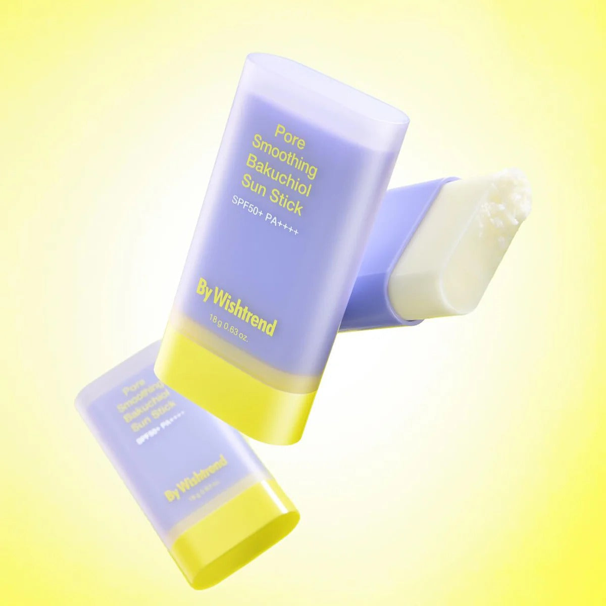 BY WISHTREND Pore Smoothing Bakuchoil Sun Stick 18g with open stick showing texture on yellow background
