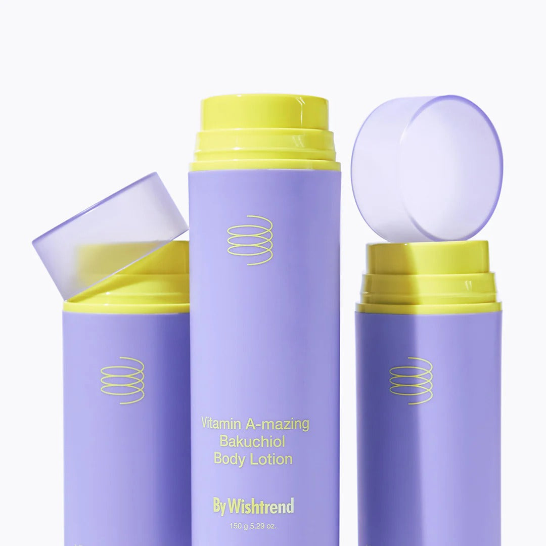 BY WISHTREND Vitamin A-mazing Bakuchiol Body Lotion 150g in purple and yellow packaging with open and closed caps.